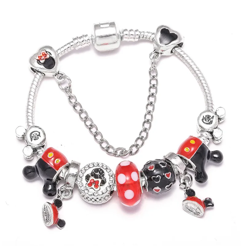 Boosbiy Dropshipping Cute Mickey Minnie Charm Bracelet For Women Kids With Silver Snake Chain Brand Bracelet Christmas Jewelry