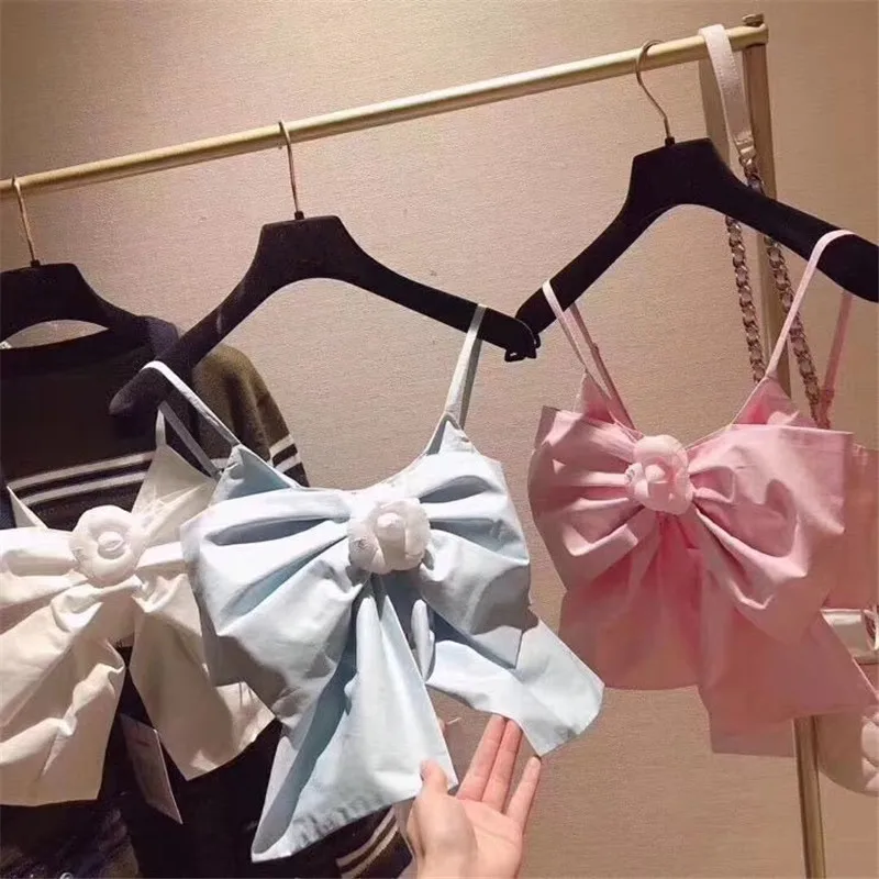 

2020 hot Summer Bow Tie Camis Crop Tops Women Girls Solid Short Tanks Tops Sleeveless Strap Casual V neck Sexy Camis Vest beach