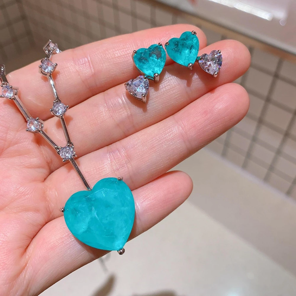 

Shipei 925 Sterling Silver Heart Paraiba Tourmaline Created Moissanite Gemstone Earrings/Pendant/Necklace Party Jewelry Set Gift