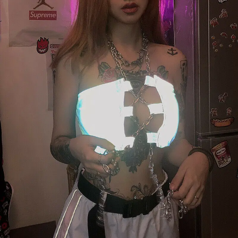 Crop Top Women Girl Streetwear Festival Reflective Chain Tops Party Cami Bralet Bustier Bra Vest Haut Femme | Женская одежда