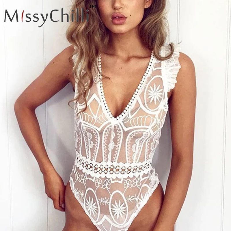 Женское Кружевное боди с вышивкой MissyChilli черное прозрачное Сетчатое v образным