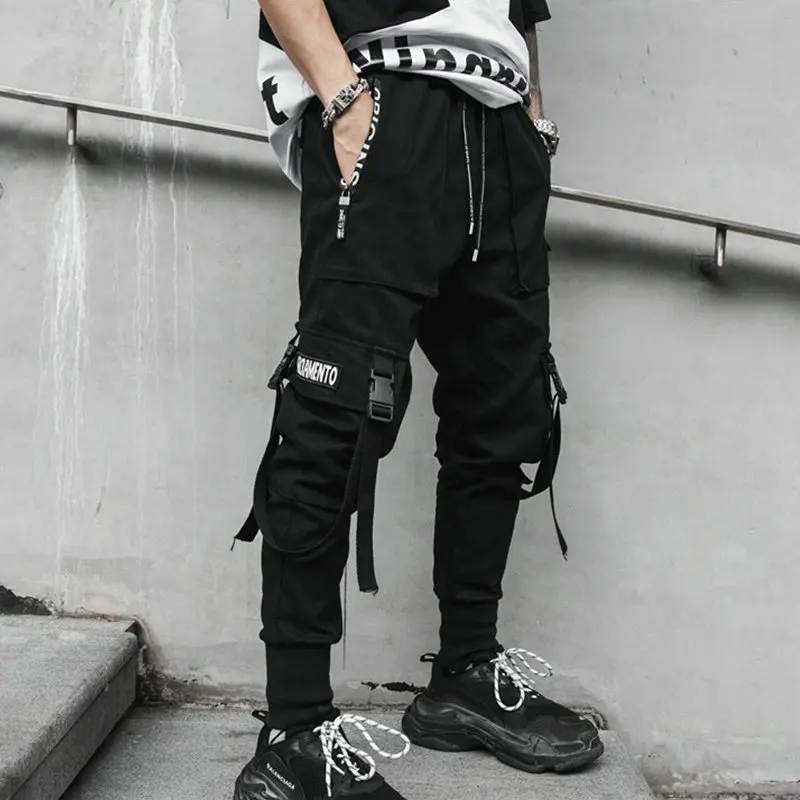 

Streetwear Black Harem Pants Men 2021 Autumn Sweatpants With Ribbons Casual Jogger Pants Men Hip Hop Trousers With Multi-pocket