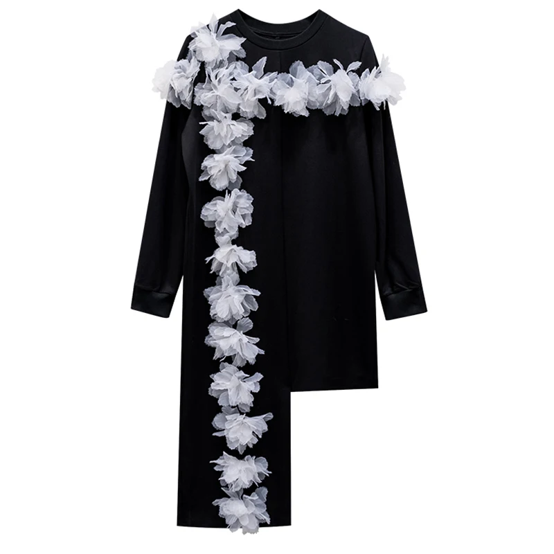

[EAM] Women Organza Flower Long Big Size Dress New Round Neck Long Sleeve Loose Fit Fashion Tide Spring Autumn 2021 1DD5350