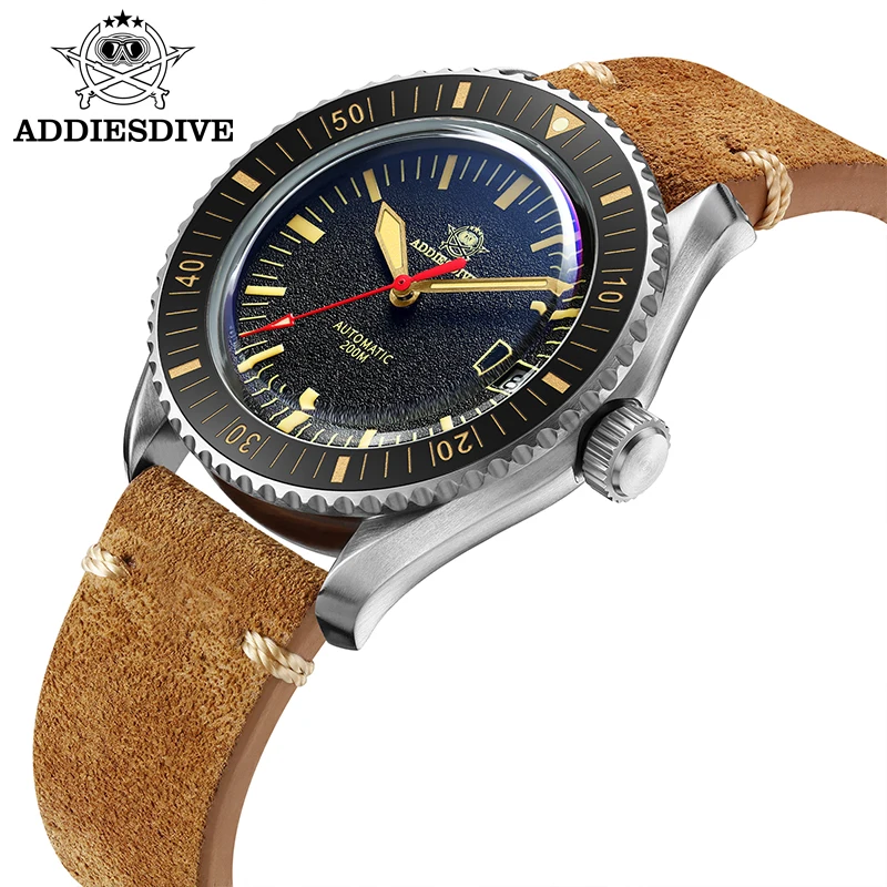 

Роскошные мужские часы Addiesdive с коричневым кожаным ремешком NH35 Move Men t автоматический механический циферблат с рисунком огня C3 Lume 200M подводны...