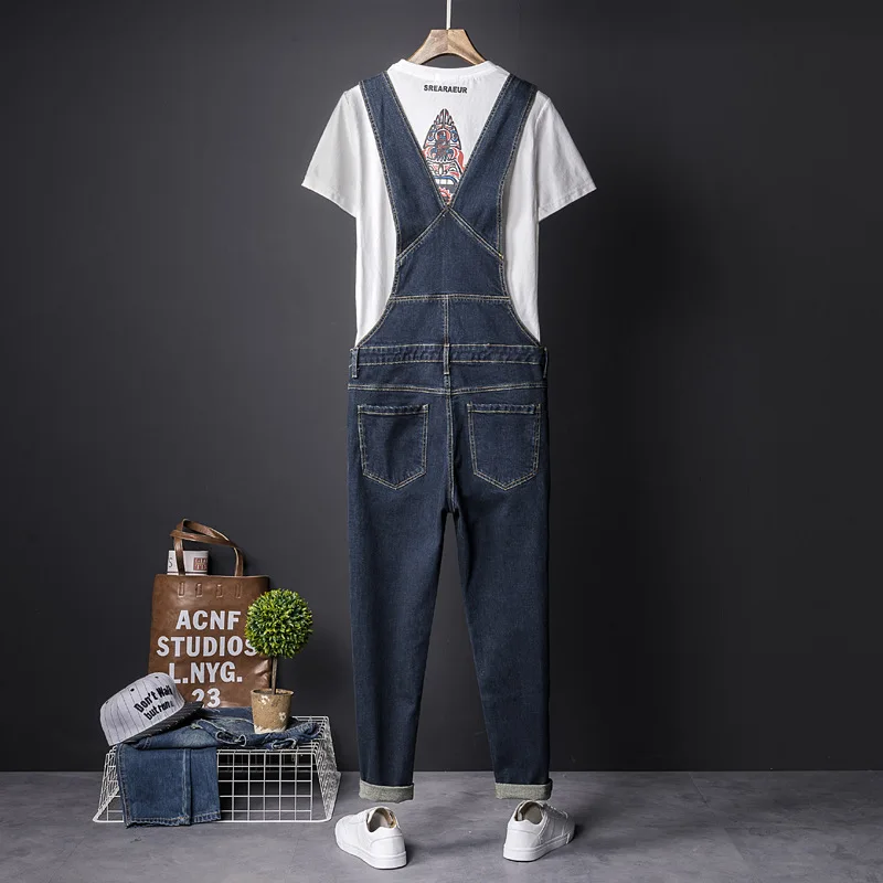 Fahsion Man Jeans Bib Overalls Multi-Pocket  Streetwear Hip Hop Denim Jumpsuits Trousers Dark Blue Large Size Freight Pants