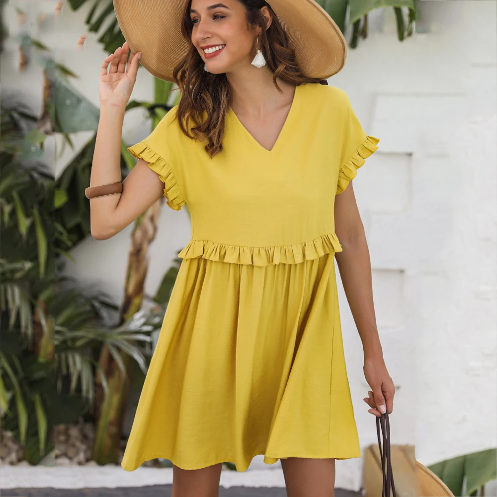 

Casual Solid V-neck Women Dress Summer Short Sleeve Ruffle High Waist A-line Loose Mini Dresses Fashion Holiday Female Dress