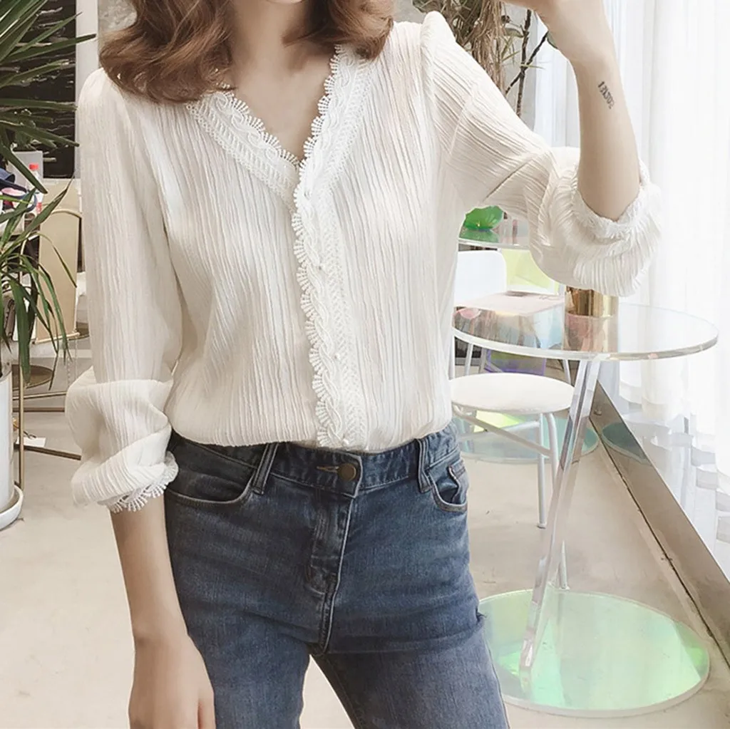 Женская шифоновая блузка с длинным рукавом летняя кружевная цветочным узором