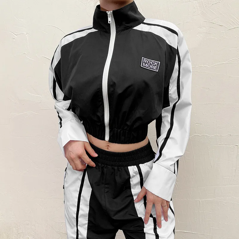 

Sports Jacket Coat Women Long Sleeve Letter Embroidery High Neck Zipper Open Navel Top Fall 2020 Women Clothing Casual Fashion