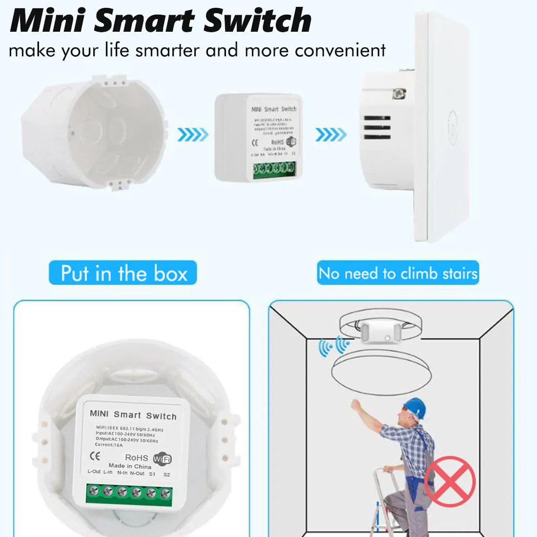 

Smart voice switch 16A Mini Wifi DIY switch supports 2 ways to control can be used with Alexa Google Home Smart Life App
