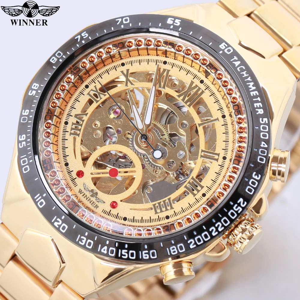 

WINNER Official Men Mechanical Wristwatches Skeleton Watch Golden Mens Watches Top Brand Luxury Montre Homme Clock Sport Bezel
