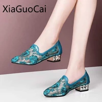 comfortable summer womens high heels shoes new mesh hollow out women pumps lace embroidered summer mom pumps