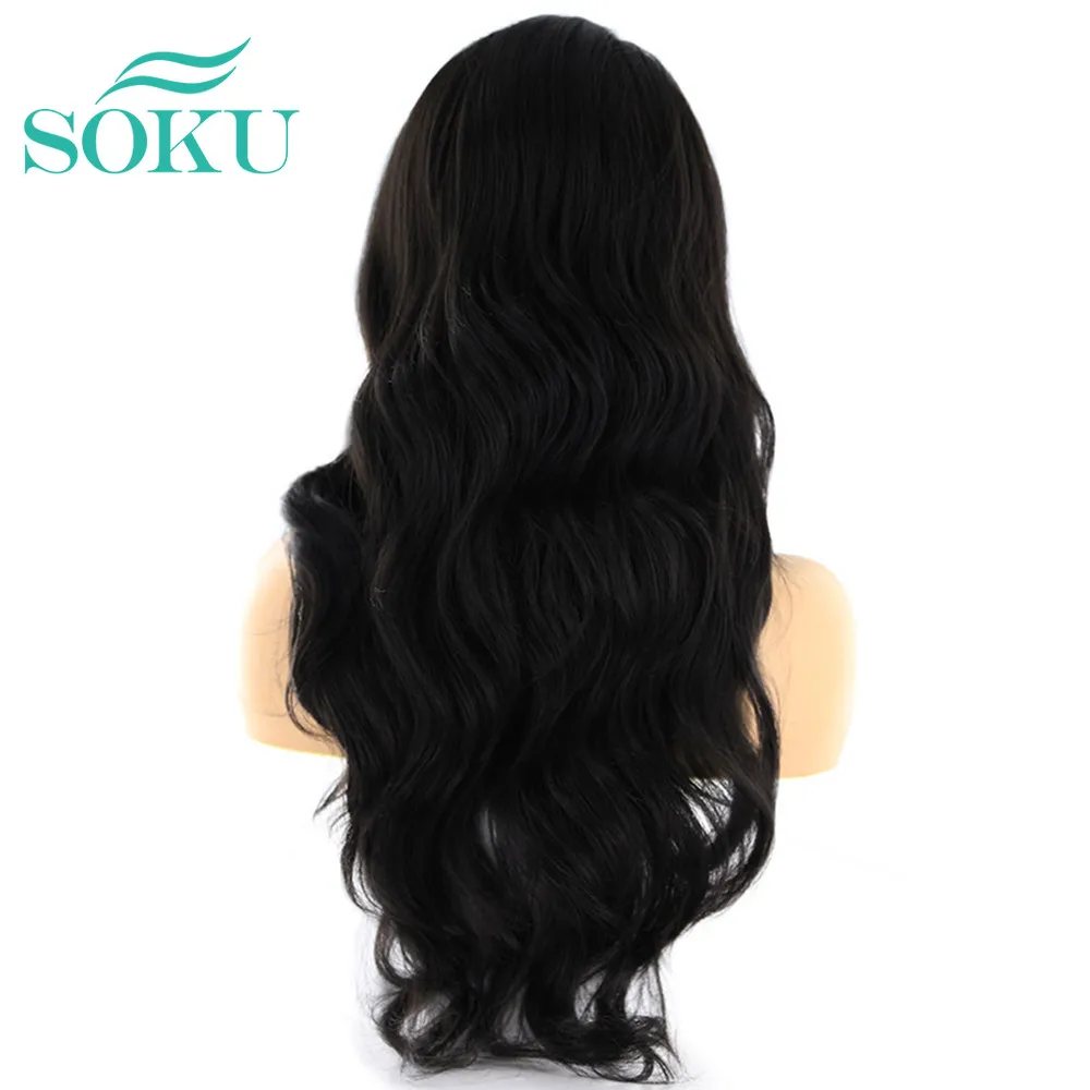 SOKU Synthetic Lace Front Wigs Black Color Long Wavy 13x4 Ear To With Baby Hair High Temperature Fiber Wig For Women | Шиньоны и парики