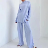 autumn winter womens outfit knitted suit two piece set casual loose turtleneck pullover sweater wide leg pants ladies suit