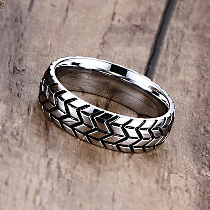 Мужское кольцо в стиле протектора с канавками панк рок Винтажное из нержавеющей