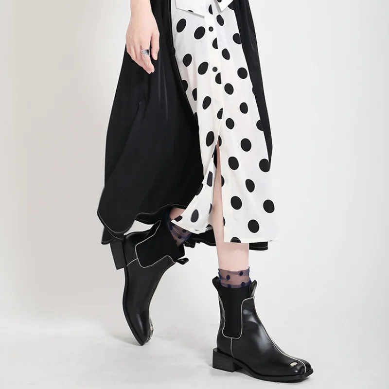 

French Dress Midi Women Summer 2021 Patchwork Polka Dot Print Buttons Bow Decorate Elastic Tunic Waist Irregular Vestidos Mujer