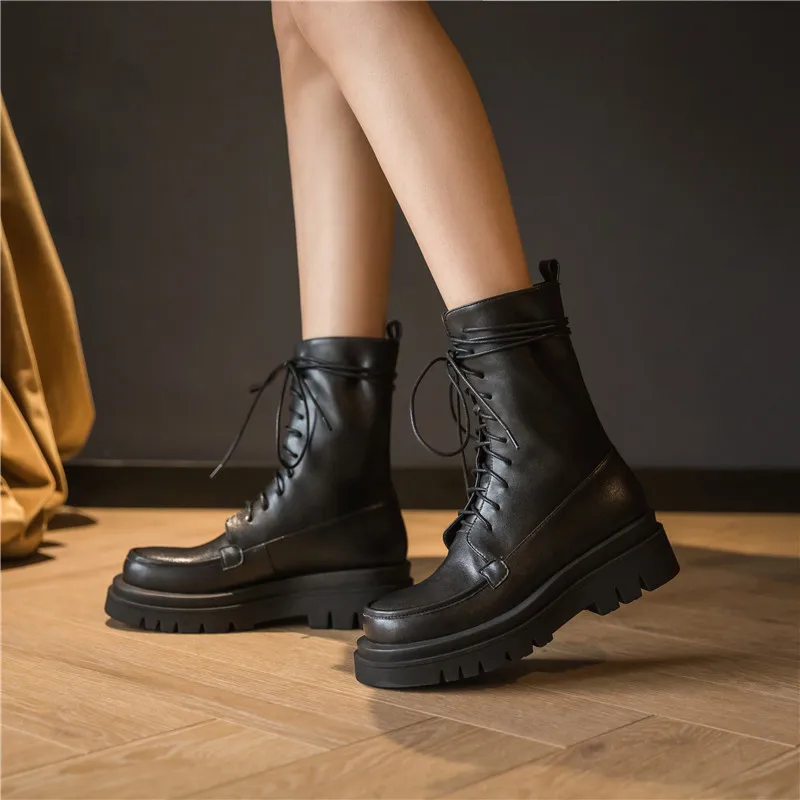 

2020 New Fashion Female Leather Thick Ankle Boots Solid Color Flat platform women Botines Mujer Botas Feminina scarpe casual