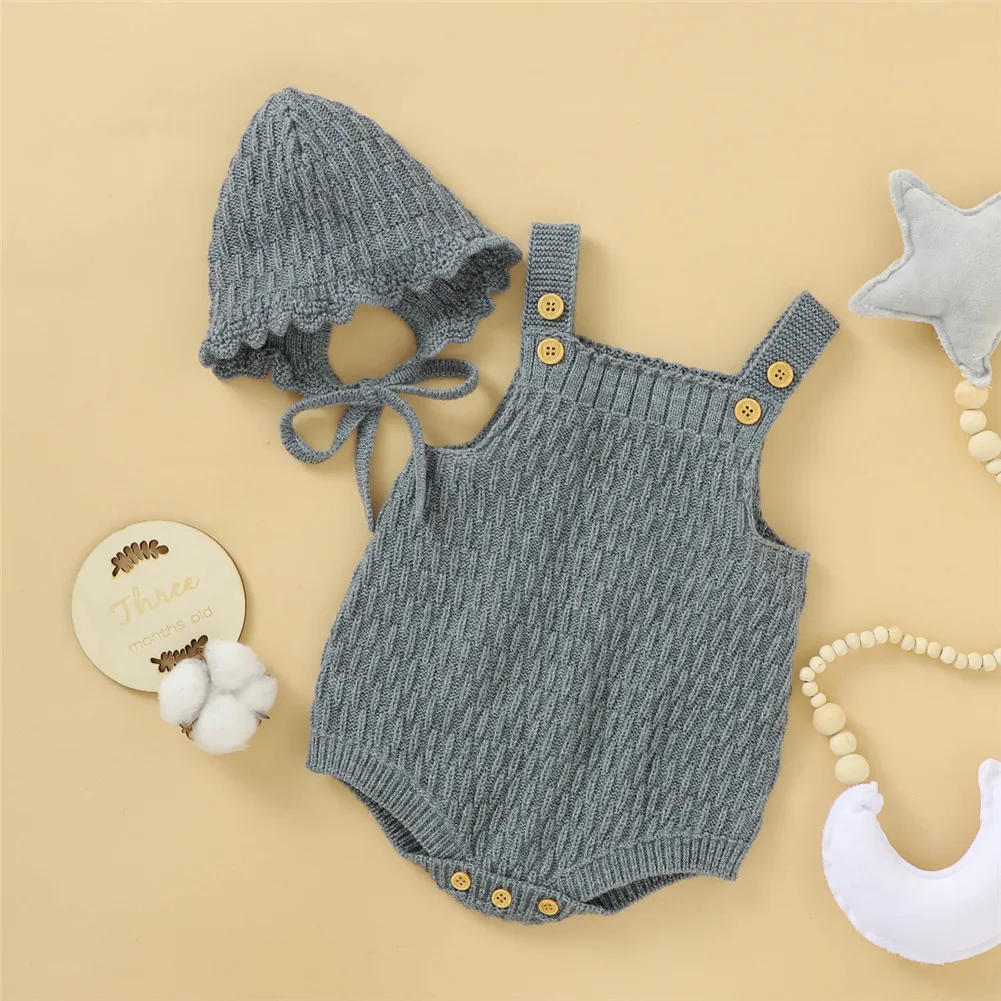 

2 Pcs Baby Knitted Romper Set Sleeveless Button One-Piece Casual Baby Girl Clothes Jumpsuit with Solid Hat