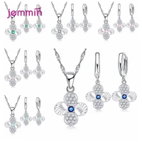 luxury 925 sterling silver cz crystal flower necklace earrings jewelry set for women big floral pendant wedding anniversary gift
