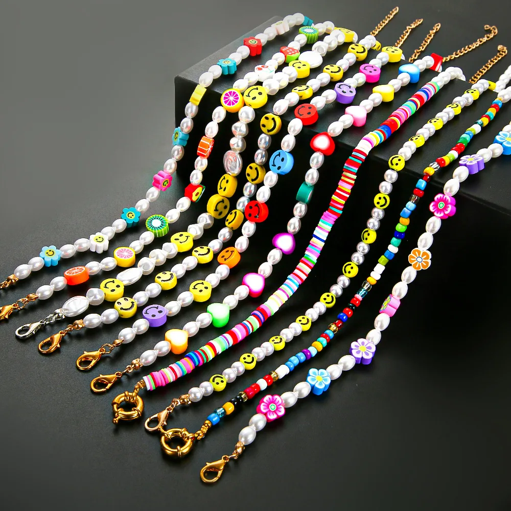 Ожерелье-чокер с бусинами и смайликом модное милое летнее ожерелье жемчугом