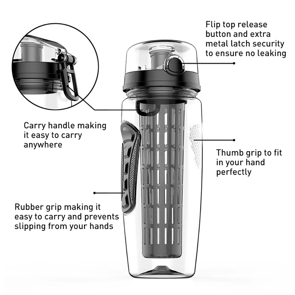 Спортивная бутылка для воды 1000 мл заварки фруктов сока герметичная портативная