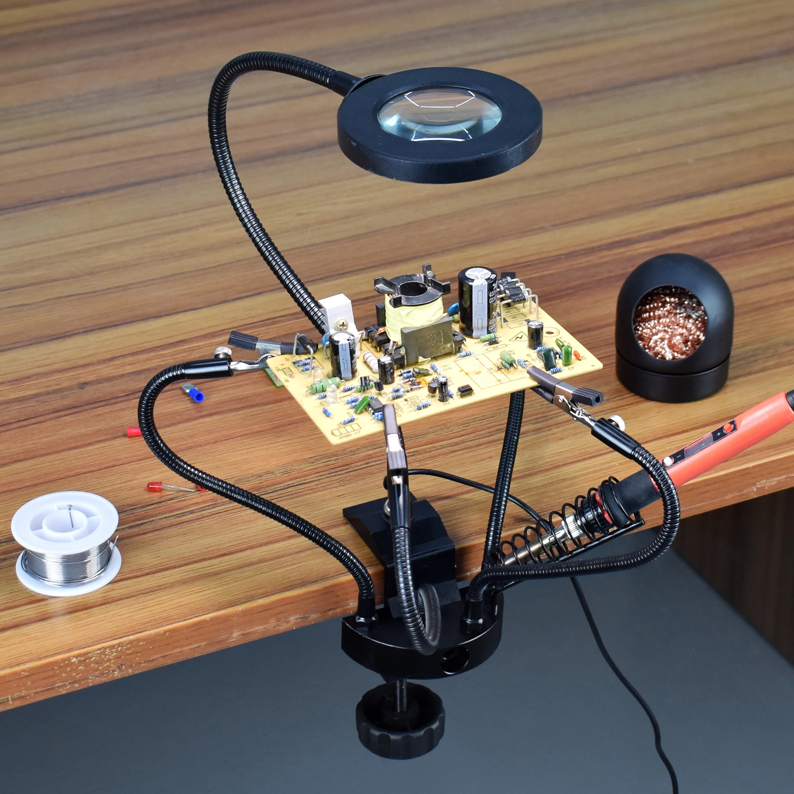 

NEWACALOX Universal PCB Fixed Clip Soldering Tool with USB 3X LED Magnifying Glass Soldering Iron Holder Soldering Tip Cleaner