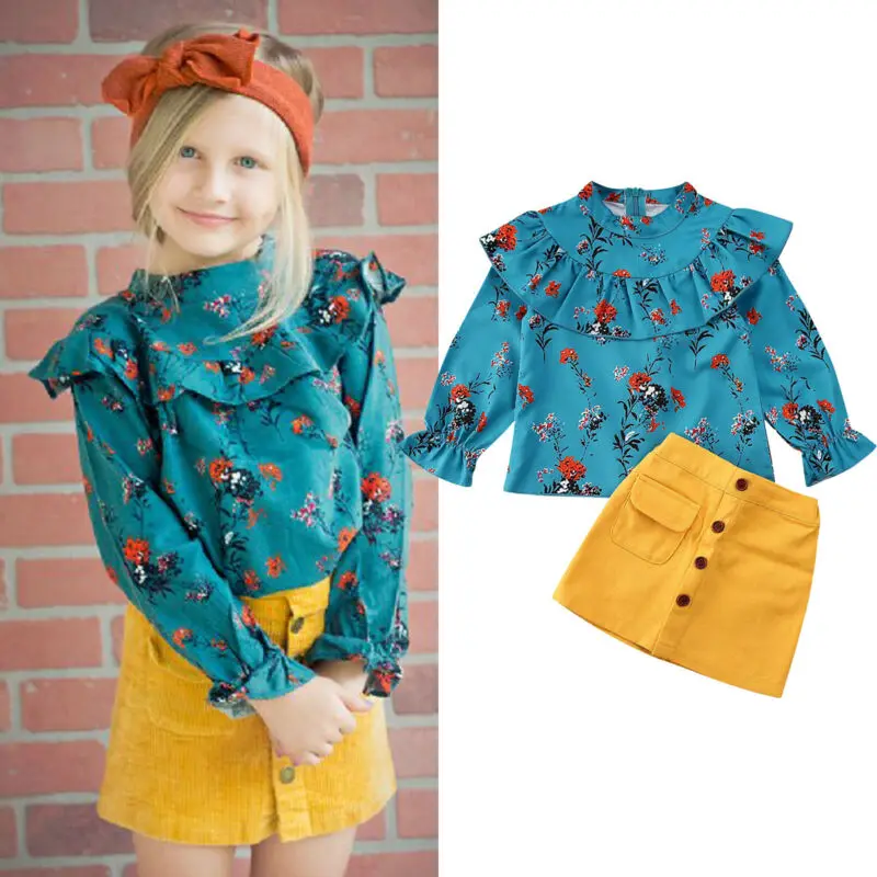 

2Pcs Kids Baby Girl Long Sleeve Lotus Leaf Collar Floral Shirt Yellow Button Skirt Girls Clothes Set