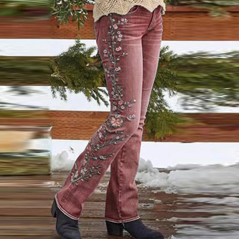 

Flower Women Jeans High-waist Embroidered Lady Trousers Legging Straight High Quality Baggy Pants Pant Plus Size Female Clothes