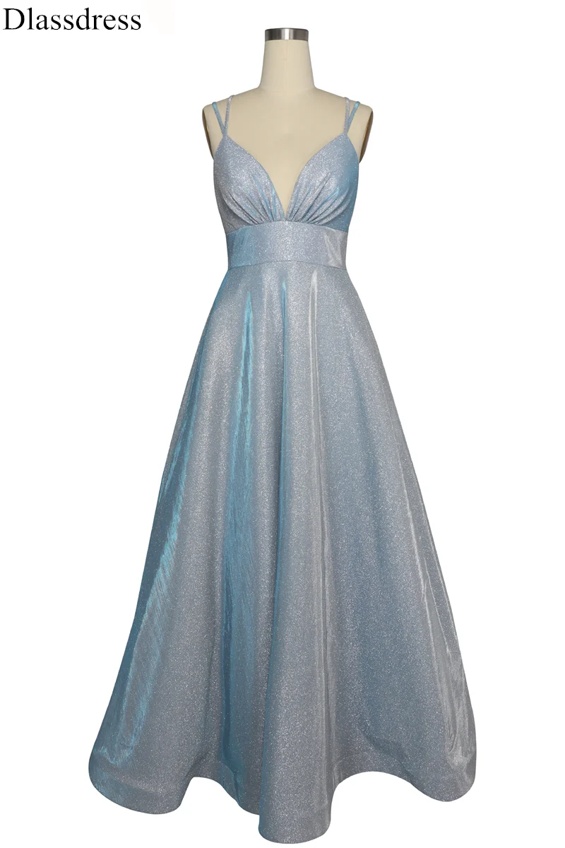 

Женское вечернее платье без рукавов, голубое плиссированное платье-трапеция до пола на бретелях-спагетти с V-образным вырезом и открытой спиной, на шнуровке, выпускной Топ