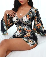 women fashion sexy deep v floral print long sleeve mini dress summer fashion bodycon short dress