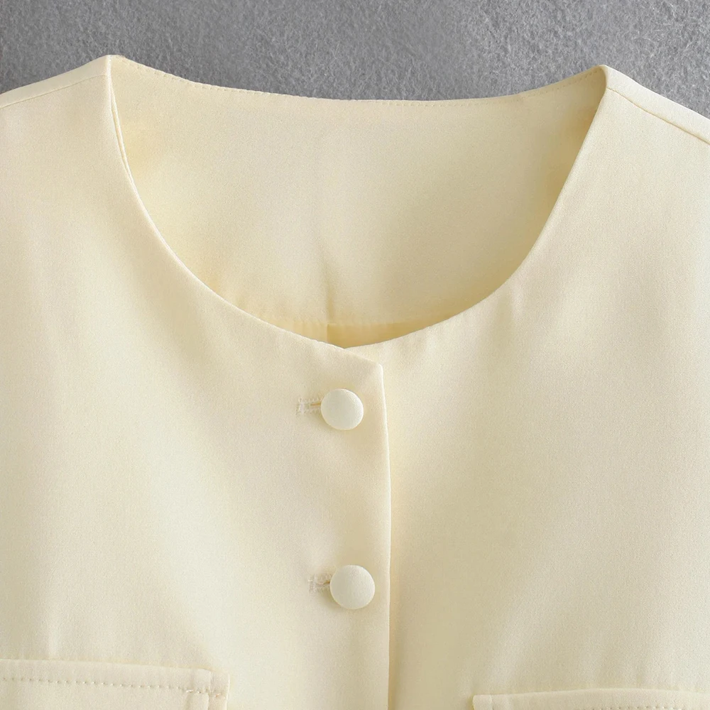 

2021 New Women Vintage Safari Style Pocket Design Solid Short Shirt Female Single Breasted Blouse Roupas Chic Crop Tops