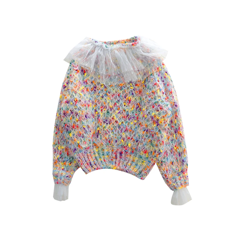 

Girl Autumn Winter Long Sleeve Knitted Sweater Girls Rainbow Colorful Sweaters Lace Patchwork Colorful Girls Kids Clothes 18M-8Y