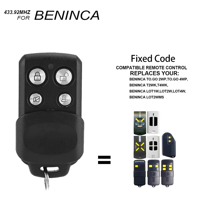 

BENINCA Garage Door Remote Control 433MHz Clone For TO GO 2WK 4WK 2WP 4WP LOT1W LOT2W LOT4W LOT2WMS Fixed Code Gate Opener