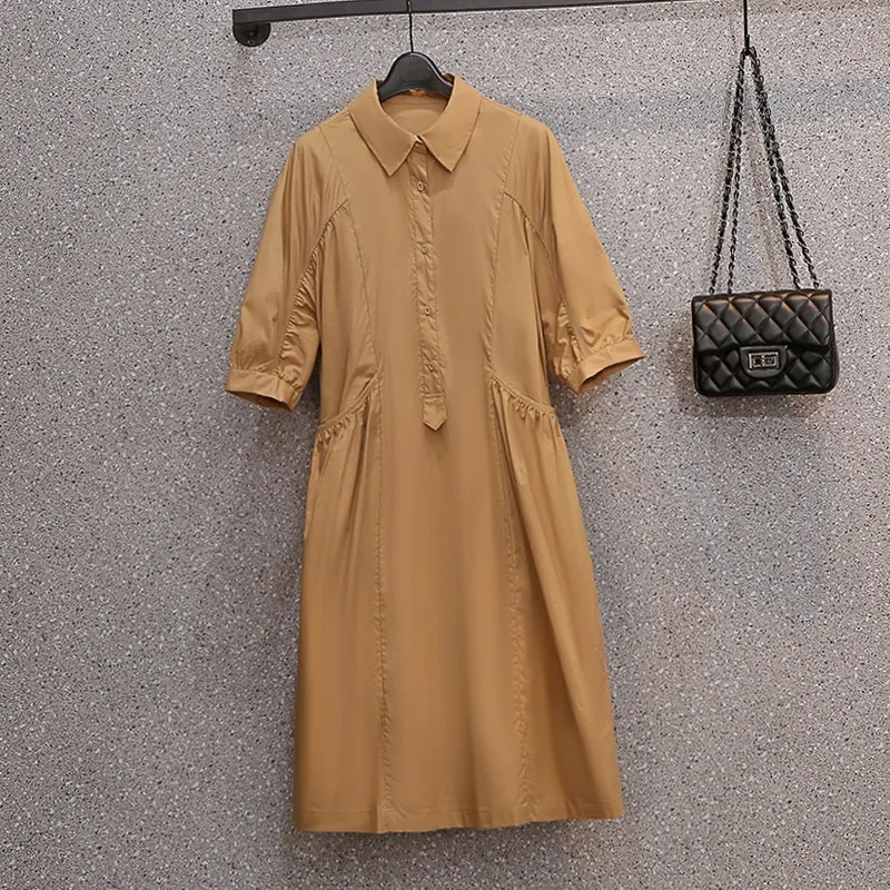 

Plus Size Women Summer Casual Shirt Dress New Arrival 2021 Simple Style Turn-down Collar Loose Female Knee-length Dresses W339