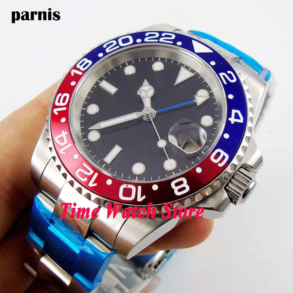 Parnis 40 мм GMT 3804 автоматические мужские часы с сапфировым стеклом светящийся черный