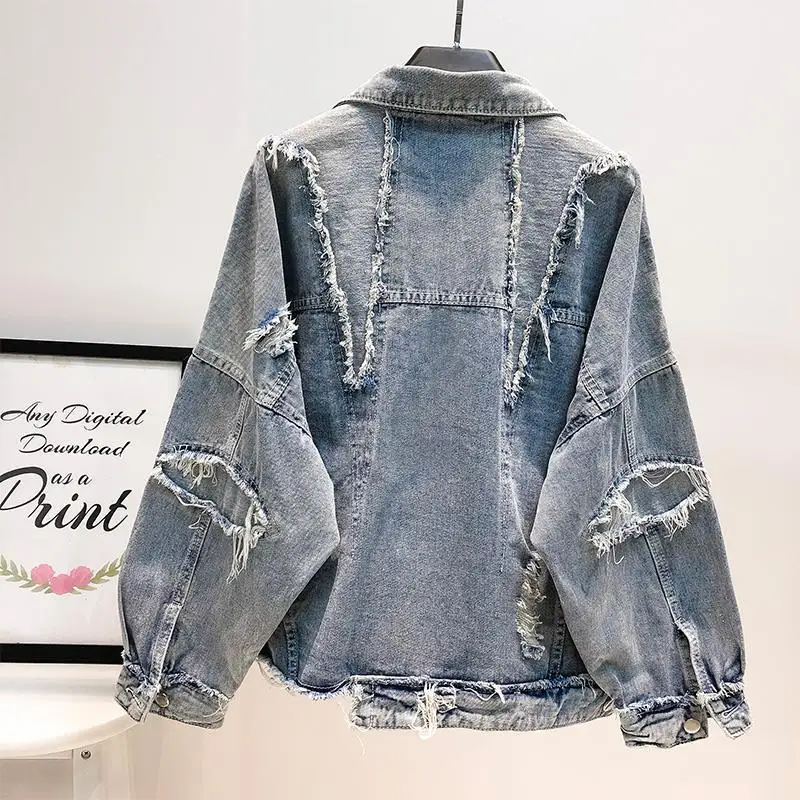 

Denim Jacket Women's Autumn 2021 New Korean BF Loose Personality Hole Net Red Early Autumn Denim Fashion