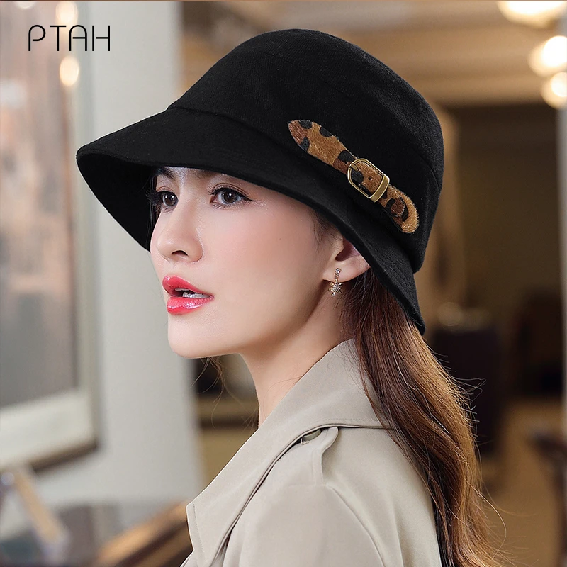 

[PTAH] Woolen Fedoras For Women's British Style Vintage Leopard Printed Church Hats Gentleman Autumn Winter Warm Soft Tweed Hats