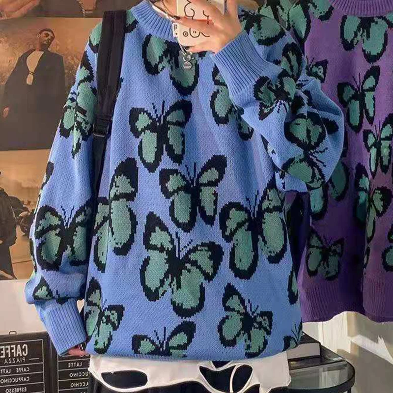 

Butterfly Jacquard Blue Vintage Knit Sweater Women O-Neck Pullover Plus Size Korean Tops Harajuku Female Fall Winter Sweaters BF