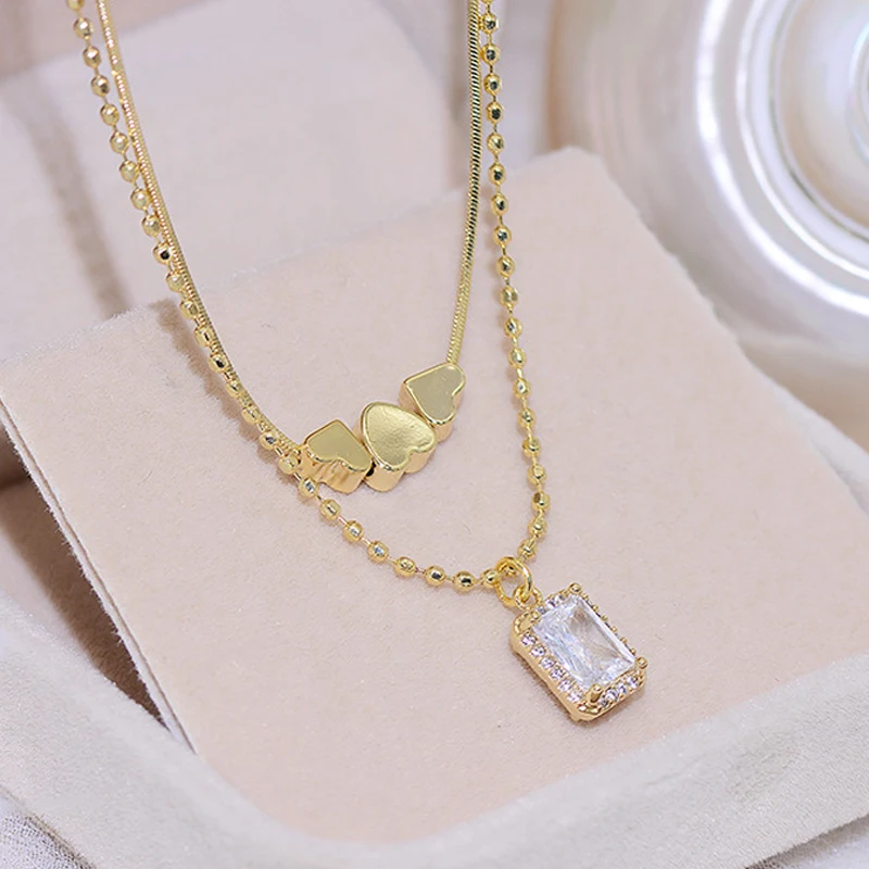 Ожерелье женское Двухслойное из настоящего золота 14 к с цирконием - купить по