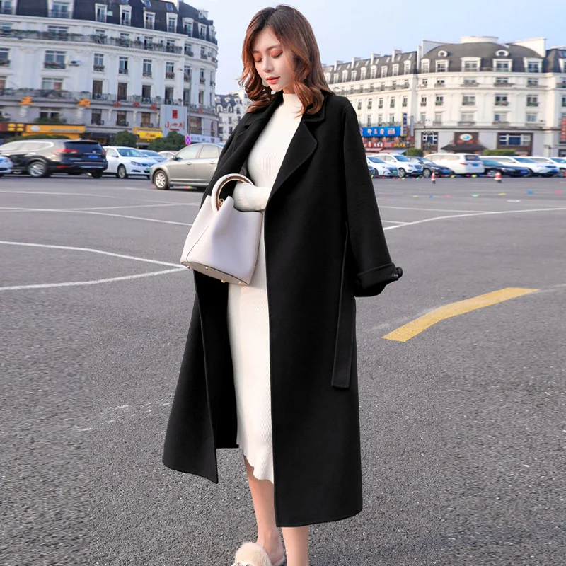 Женское шерстяное пальто с поясом длинная куртка-ветровка большого размера