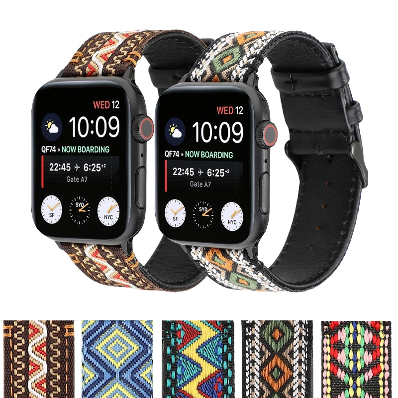 

Genuine Leather strap+National Wind Fabric for apple watch band 44mm 42mm 38mm 40mm iwatch series 5/4/3/2/1 bracelet Accessories