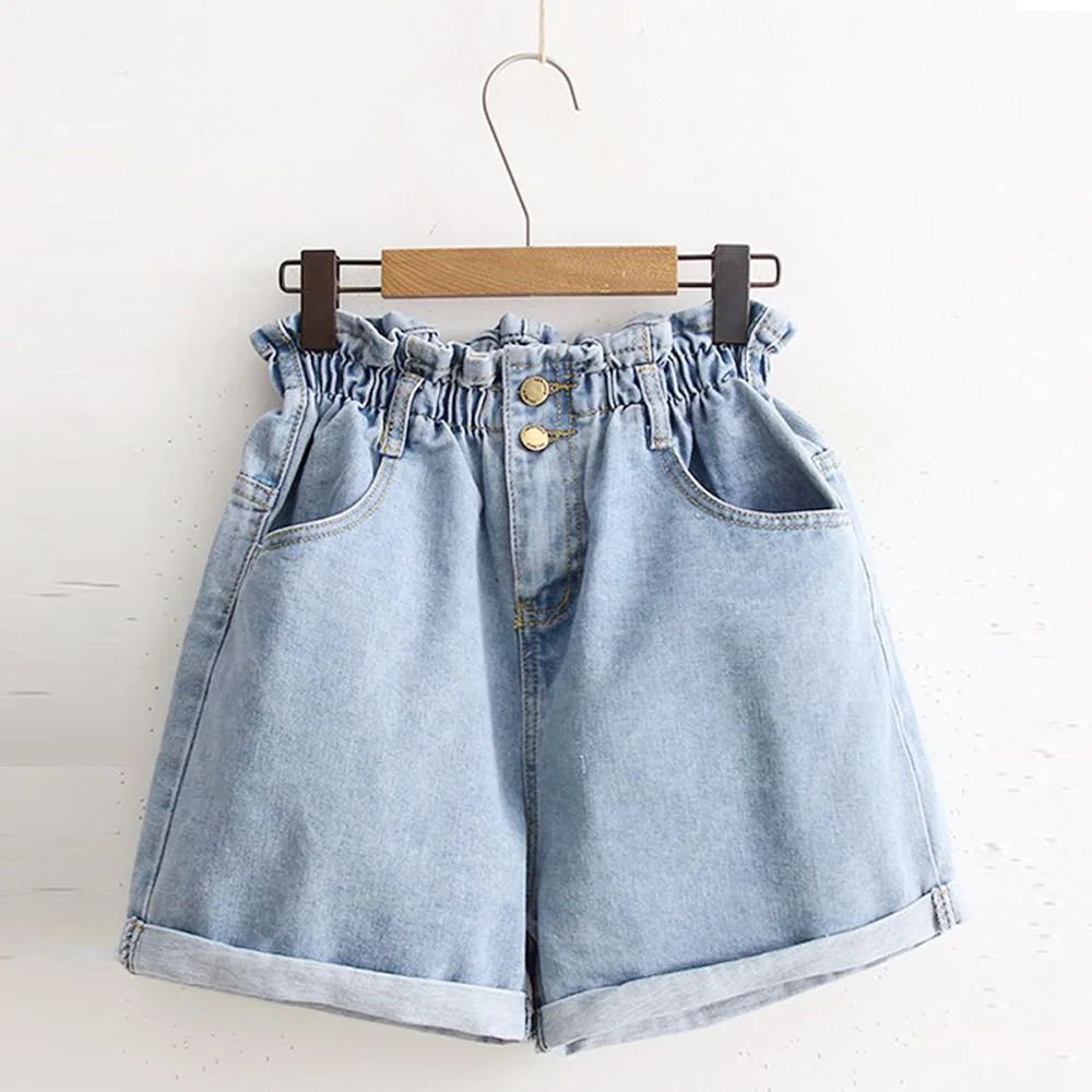 

Elastic Waist Women Shorts Solid High Waist Zipper Up Short Pants Denim Pocket Large Size Loose Hot Pants Causal Summer New
