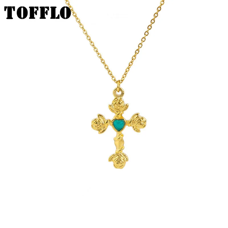 

TOFFLO Stainless Steel Jewelry Gold Coin Rose Cross Necklace Green Zircon Inlaid Clavicle Chain Female Elegant Chain BSP344