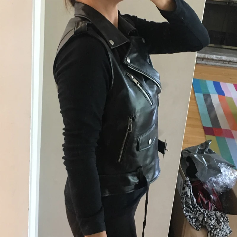 

Women Leather Vest With Belt 100% Genuine Sheepskin Cowhide 4 Color Motorcycle Biker Coat Female Waistcoat Autumn M006