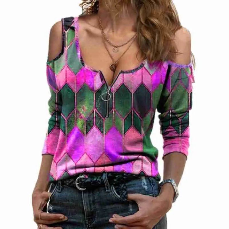 

Fashion Geometric Print Blouse Shirt Loose Zipper Tops Winter Female Ladies Tee Autumn Blusas Pullover Casual Women Long Sl C7A3