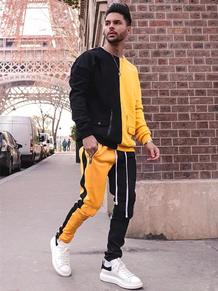 black with yellow Уличный модный спортивный костюм в стиле хип-хоп; сезон весна-осень; контрастные цвета; Лоскутные футболки с длинными рукавами+ повседневные мужские штаны; Модный комплект из двух предметов - Цвет: black with yellow