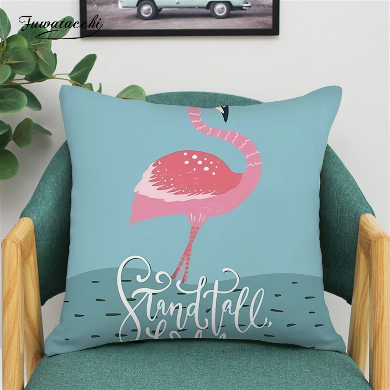 

Fuwatacchi Pillowcase Cushion Cover 45*45 Flamingo Plant Print Sofa Decorative Cushions Pillow Cases Home Decor Pillow Covers