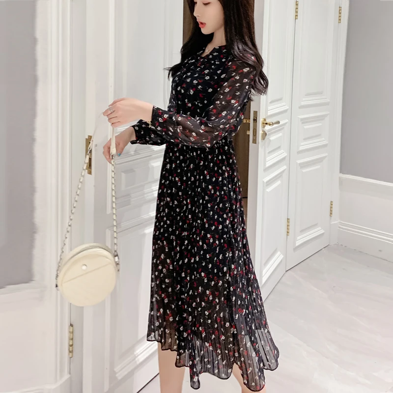 Женское Плиссированное шифоновое платье трапеция с высокой талией и принтом