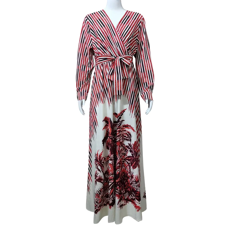 

CHICEVER Print Dress For Women V Neck Long Sleeve High Waist A Line Ankle Length Hit Color Belt Dresses Females 2021 Clothes New