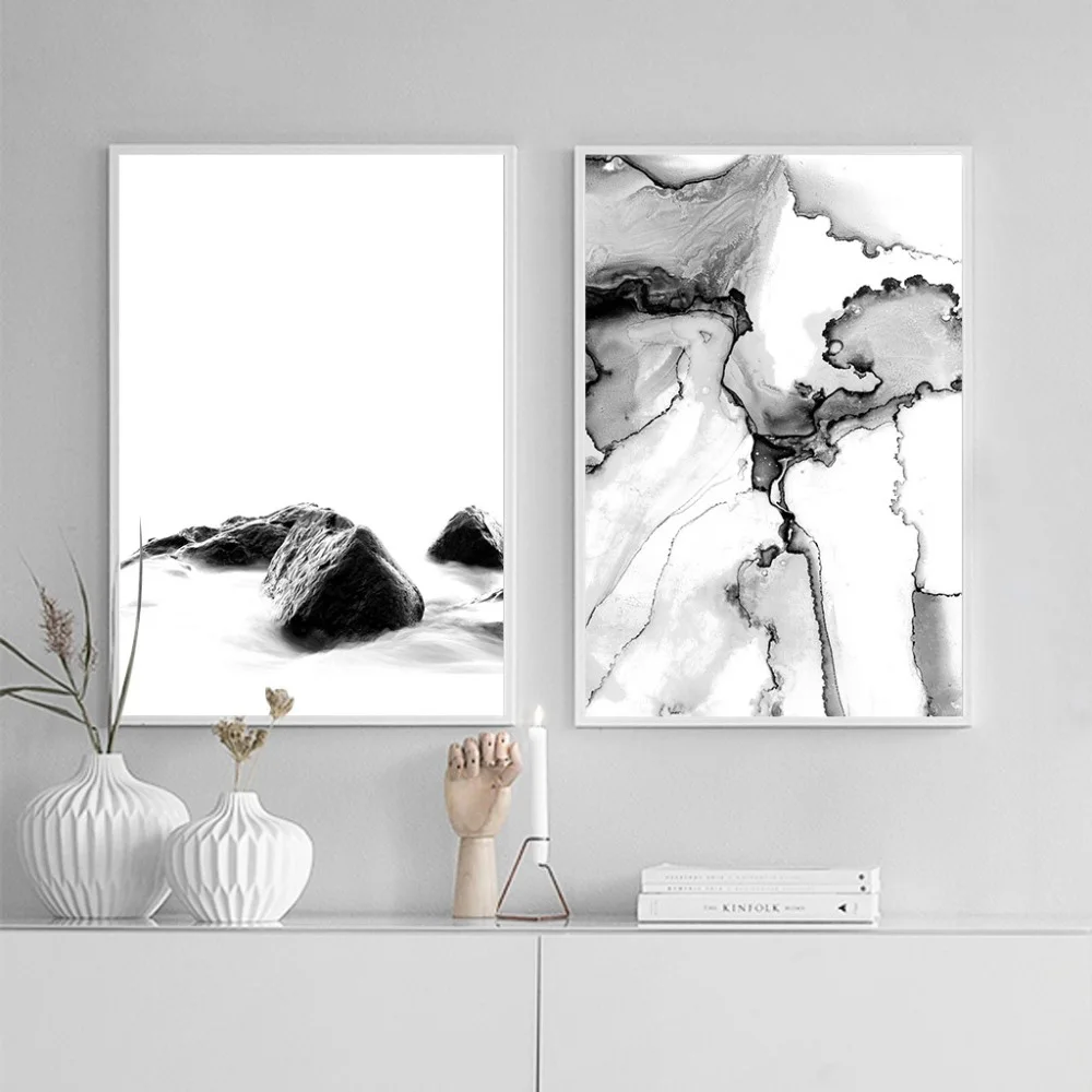 Фото Schwarz Weiß Wand Kunst Leinwand Malerei Minimalistischen Pflanze Landschaft Плакат Nordic Stil Bild Домашний декор №3
