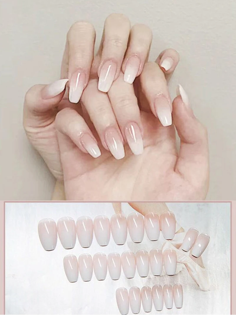 

24pcs Creamy Fake Nails Long Coffin Full Nail Tips Ombre French False Nails